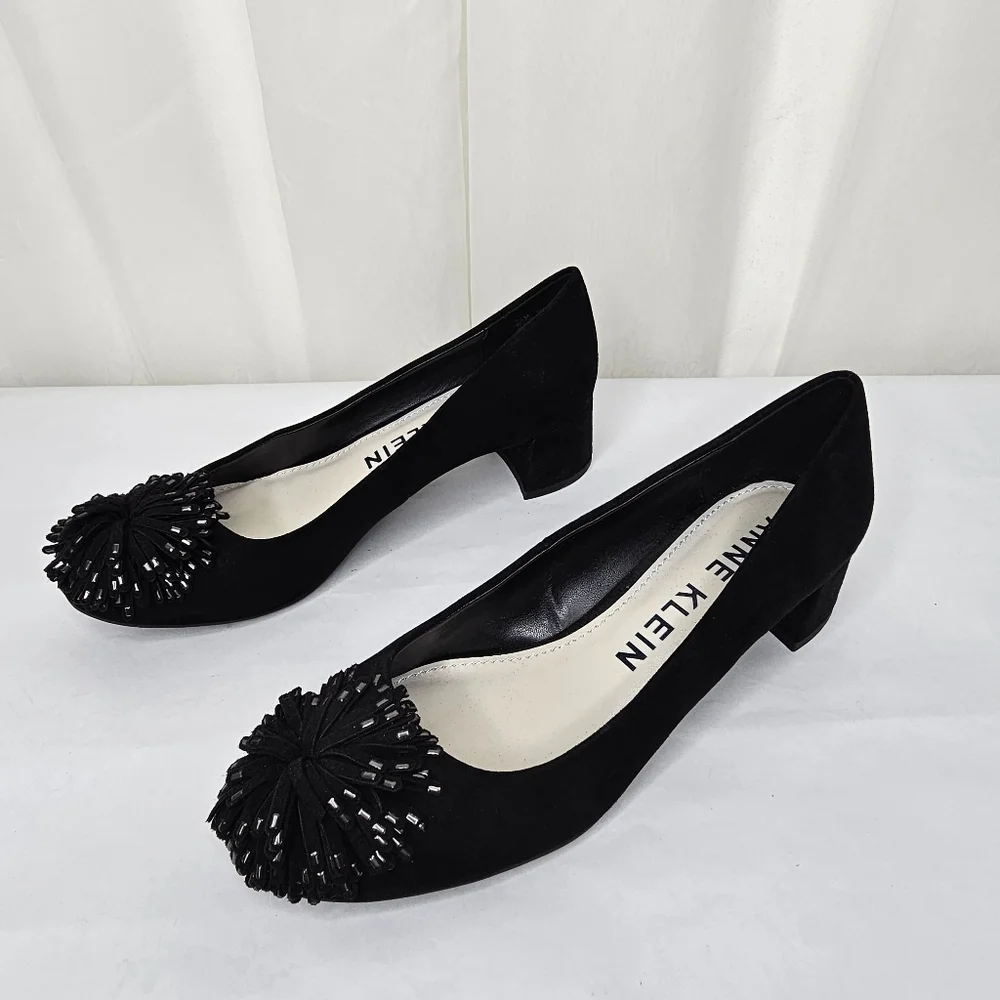 Anne Klein Holly Black Fringe Toe Block Heels Size 7.5 - Picture 5 of 10